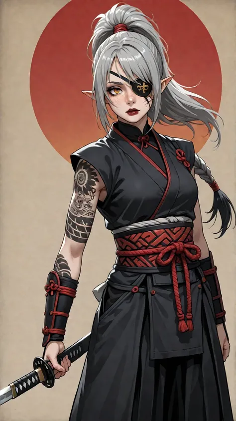 1girl, long hair, gray hair, ponytail, eye patch, kunoichi, samurai, beautiful, pointy ears, holding a katana, amber eyes, tired face, sun, D&D, warlock, freckles, dark red lips, scar on eye, black tint on eye, white katana, nodachi, gothic, witchcraft, fr...