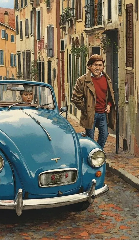 US TV drama promotional posters、Detective Columbo、Stand beside a dull blue ragged 1959 Peugeot 403 convertible、Vintage Car、 unkempt hair、 twirl、The brown trench coat of the dragonfly car 