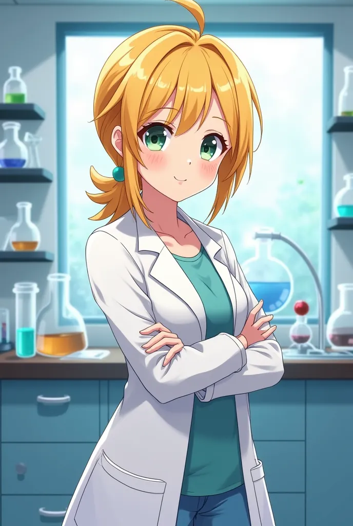  a scientist , called Sarah, about 30 years old, Yellow-haired anime version