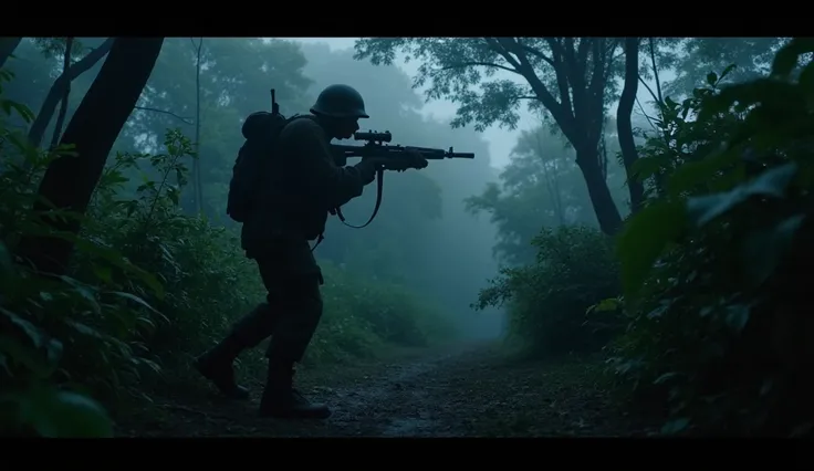 Prompt:
A dense jungle, fog rolling in. A soldier grips his rifle, scanning the darkness.

(Tracking shot) Slow move through thick trees—eerie silence.

(Low-angle) A massive, clawed foot presses into the wet ground.

(Close-up) A soldier’s breath shaking ...