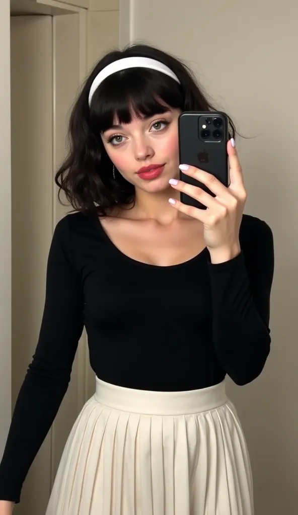 Bellaaahaddiiid woman 18years,soft jawline, natural makeup,white textured skin,thick lips gloss ,Curly Bob with Black Curtain Bangs,Green eyes
person taking a selfie in the mirror. The person is wearing a black long-sleeved top, a white pleated skirt, and ...