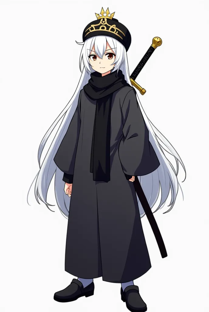 An anime boy who is  has long white hair and wears a long black scarf and wears a black turban with a small crown of Dahab on which Allah is greater. He wears black shoes and behind his back he carries a sword that does not see his golden handle. The quali...