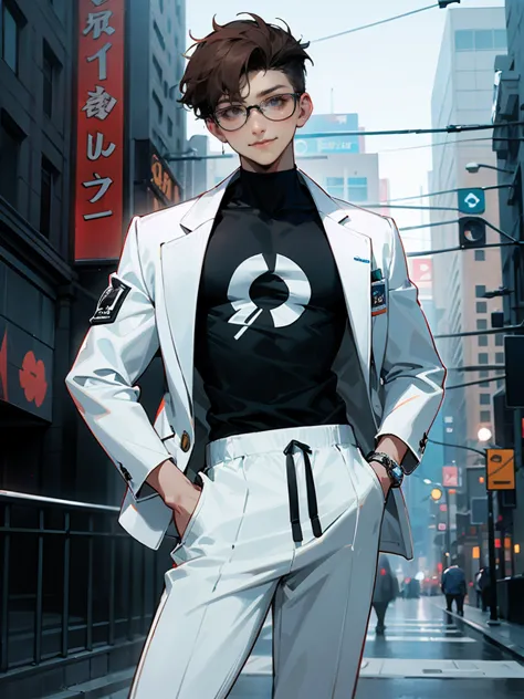 A young male wearing blue cyber-glasses while standing on the sidewalks of new york,  wearing a Black Fitted T-Shirt with White Circle Graphics and white sweatpants and a white jacket with black circle graphics , as he holds a smiling expression he has mes...