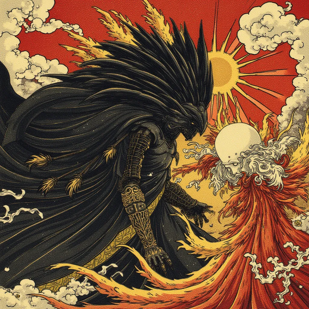 Ukiyo-e style artwork of an epic battle between two deities. One is a towering warlord of darkness, draped in a heavy black robe that flows ominously. His jagged obsidian armor is adorned with spikes, exuding raw menace. His face is entirely hidden beneath...