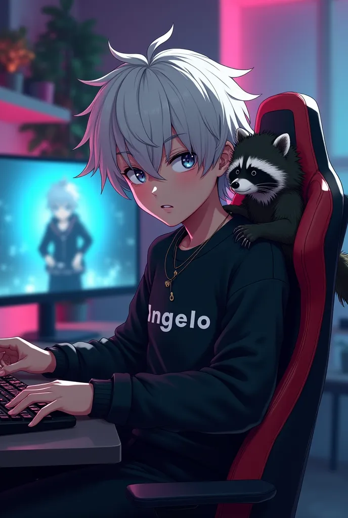 A male character with short white hair white eyes Japanese-style black sweater that says Angelo sit in a gamer chair in black jumpsuit hundreds of gamers playing on a computer and in the background a gamer room and on his shoulder a raccoon