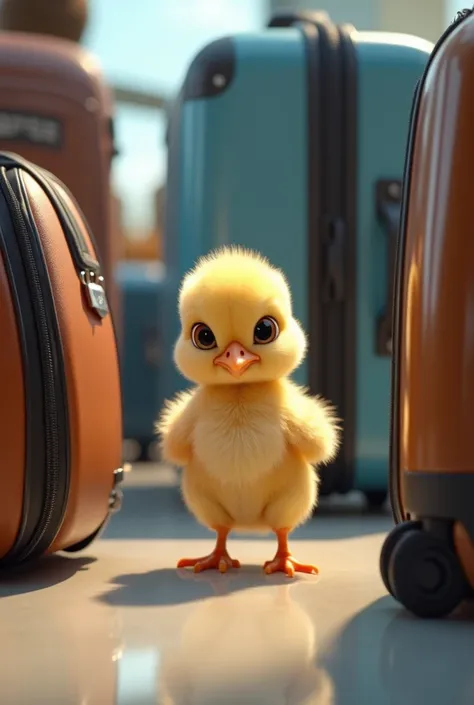 Adorable baby chicken that is on an airport with big bags of luggage in 8k