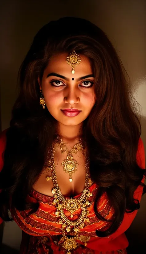 A beautiful indian woman, wearing traditional indian dress, posing for a gold jwellery photo shoot, long curly hairs upto her shoulder, rebrandt style lighting, dramatic light