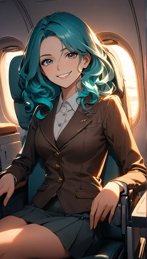 22 years old,1 woman,mini skirt,waitresses,stewardess,wariza,sitting in a chair,upper body,smirk,wavy hair,mediumturquoise hair,saddlebrown eyes,looking at viewer,inside an airplane