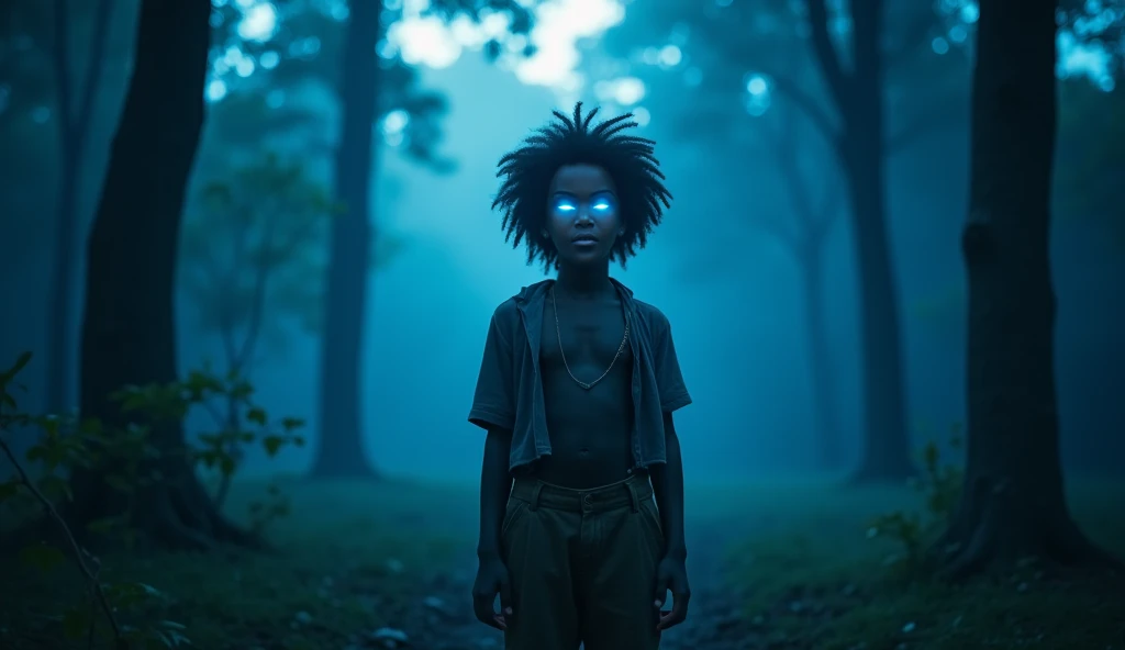 "A young African boy with dark skin, curly hair, and tattered clothes stands in a mystical forest. The atmosphere is dark and misty, illuminated by soft blue moonlight. His eyes glow faintly with power, and wind swirls around him as if responding to his pr...