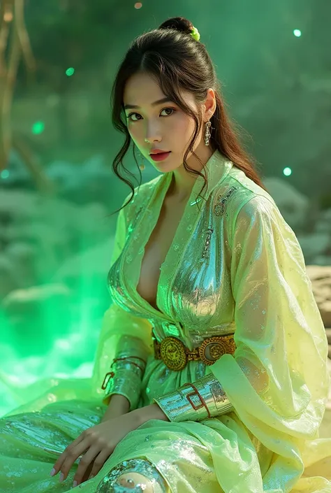 titanium cyborg korean female psychedelic from colorful wire circuitry arrangement and some gold gears, dominated by silver and bright green. She floats sideways wearing a transparent satin robe that flows in the wind around the atmosphere that is very spa...