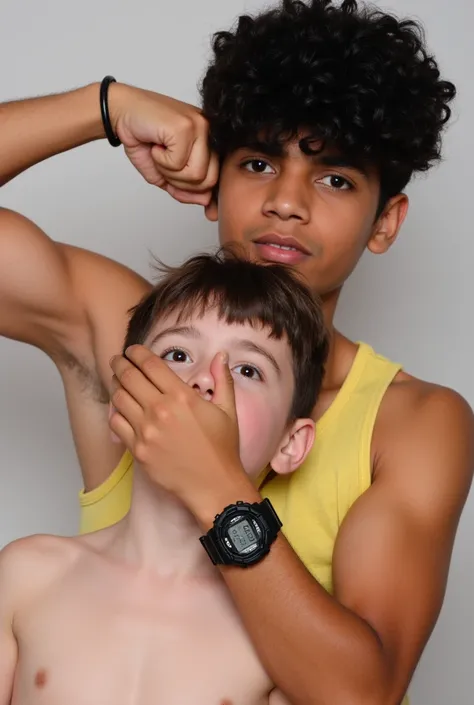 A professional photograph featuring a white twink and an indian boy behind (17). An athletic young indian boy covers the twinks mouth with his big hand (wearing black G-shock GA-110,). With his other arm he flexes his ripped bicep. His hand tightly covers ...