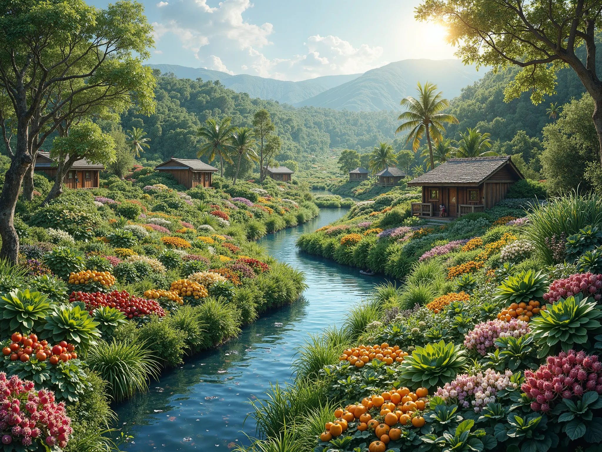 A breathtaking green landscape with dense trees, fresh vegetable gardens, and fruit-laden orchards stretching as far as the eye can see. A crystal-clear blue stream flows gently through the heart of nature, reflecting the golden rays of the sun. Beautiful ...