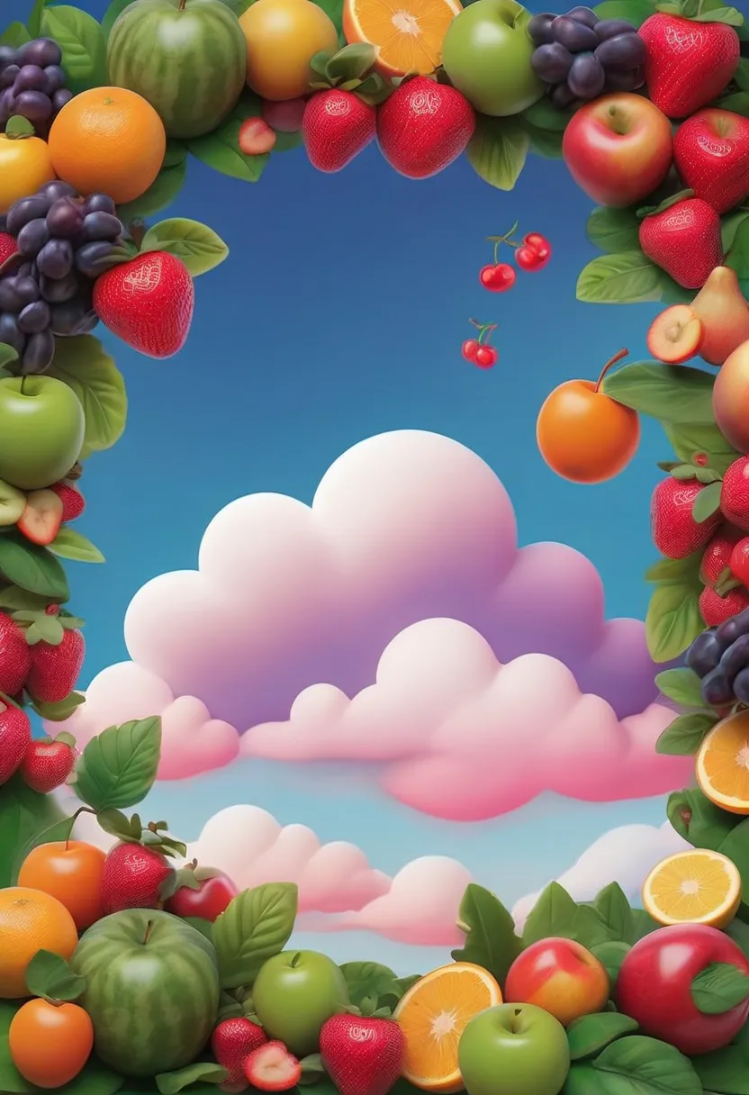 Illustration of 1 Cloud in fruit frame, psychedelic style,