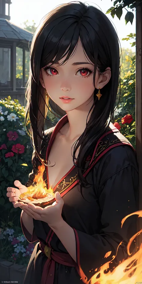 1 , black hair,  red eyes,, naked, fire witch, blood,  Light particles , rays of light,  wallpaper,  high-contrast,  colored,