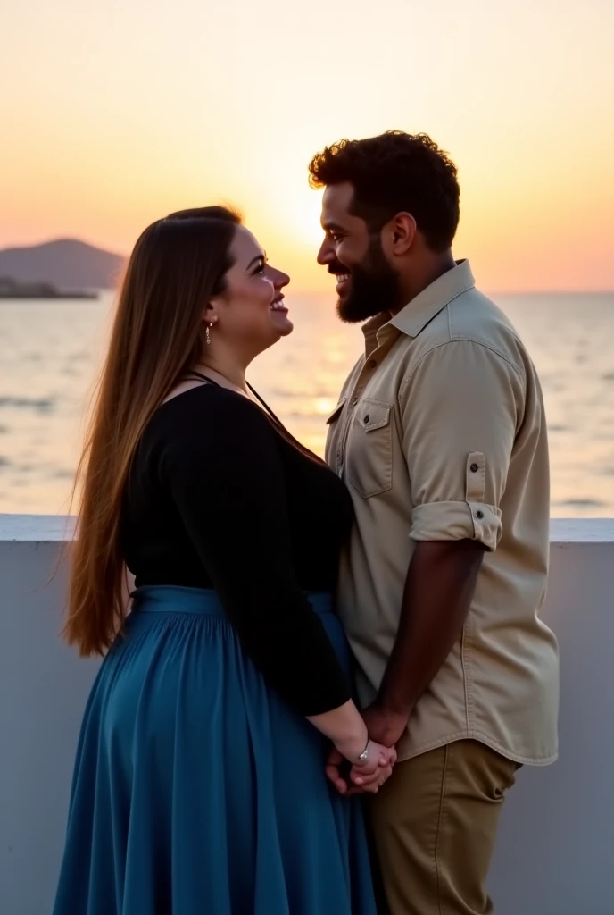 Photo of a couple at sunset, near a wall, with the blue sea in the background. They are holding hands, gazing into each other's eyes and smiling. The woman is plus-size, has very long and straight brown hair. She wears a black long-sleeved blouse and a flo...