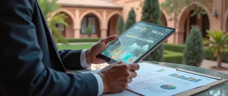 A professional real estate agent in an elegant office or a luxury property in Marrakech, carefully analyzing property documents and using a digital tablet with advanced valuation tools. A transparent overlay shows a futuristic-looking price evaluation inte...