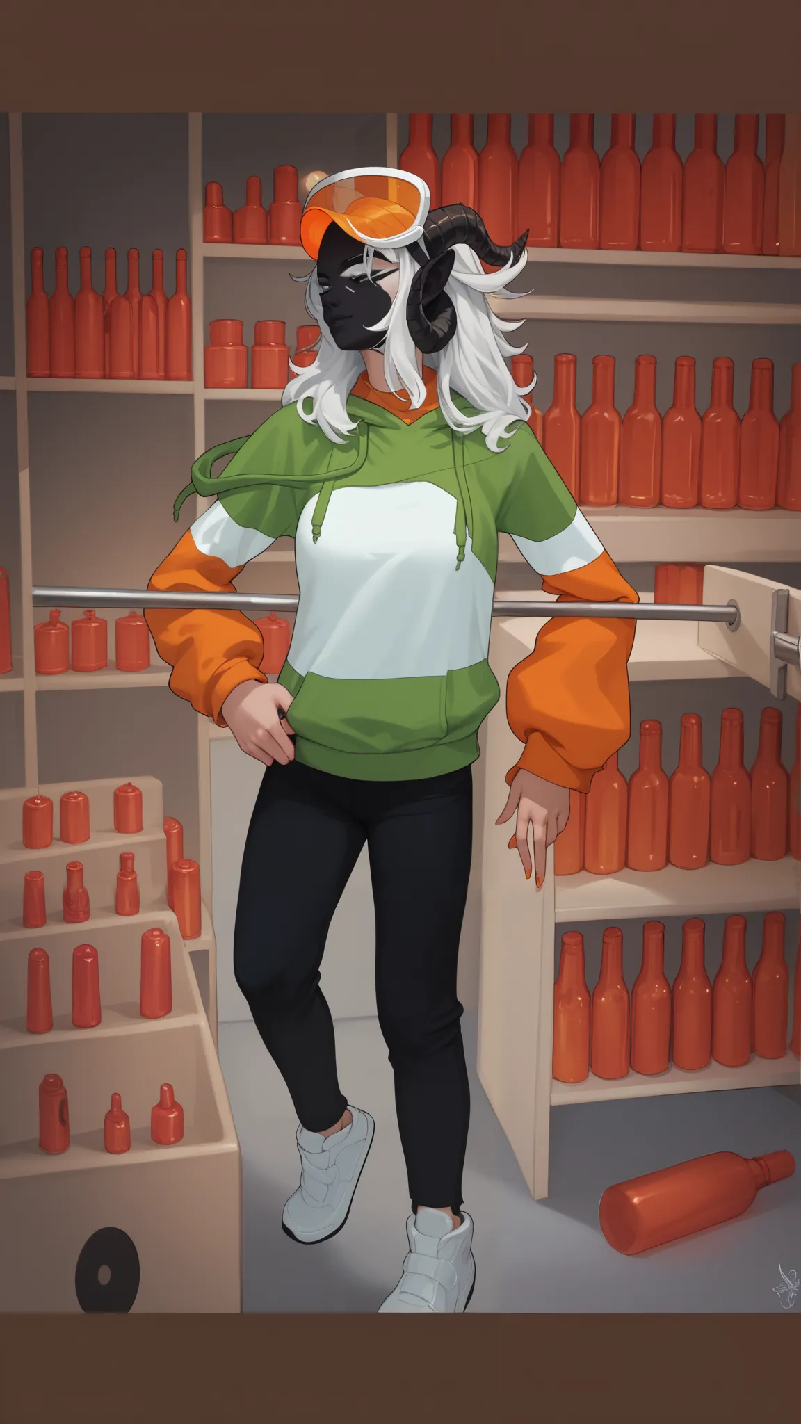 Girl with a white hair and black gazzil horny wearing a hoodie and a orange visor