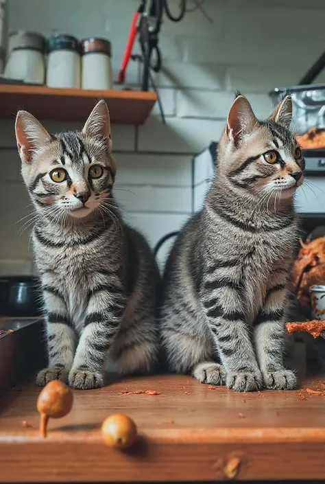 The two cutest grey tiger pattern kitten in the world eating a bright red and very spicy fried chicken、((Realistic:1.3))、Teary-eyed、Heaps of fried chicken on the table、 looks delicious、 steam is coming out