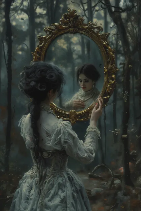 A hauntingly beautiful gothic wall art print featuring a mysterious woman in a tattered, vintage white lace dress with pearl necklaces, holding an ornate golden mirror in front of her face. The mirror reflects a dark, eerie forest scene with twisted trees,...