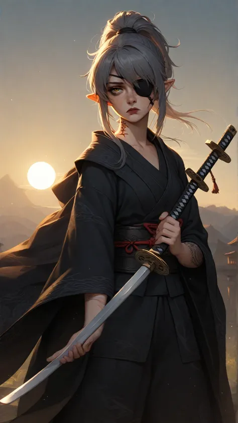 1girl, long hair, gray hair, ponytail, eye patch, kunoichi, samurai, beautiful, pointy ears, holding a katana, amber eyes, tired face, sun, D&D, warlock, freckles, dark red lips, scar on eye, black tint on eye, white katana, nodachi, gothic, witchcraft, fr...