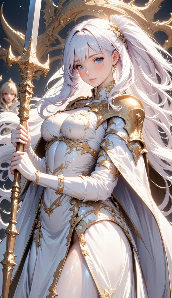 (Masterpiece:1.5,Top Quality:1.3,Amazing Quality:1.3), (Anime Character), nsfw, Solo, Full Length, Chiara, 1 Girl, (Sexy cute woman:1.5), White Skin, Silver Gauntlets, Silver Boots, Western Armor, Shining Clothes, gleaming decorations, ((with big axe type ...