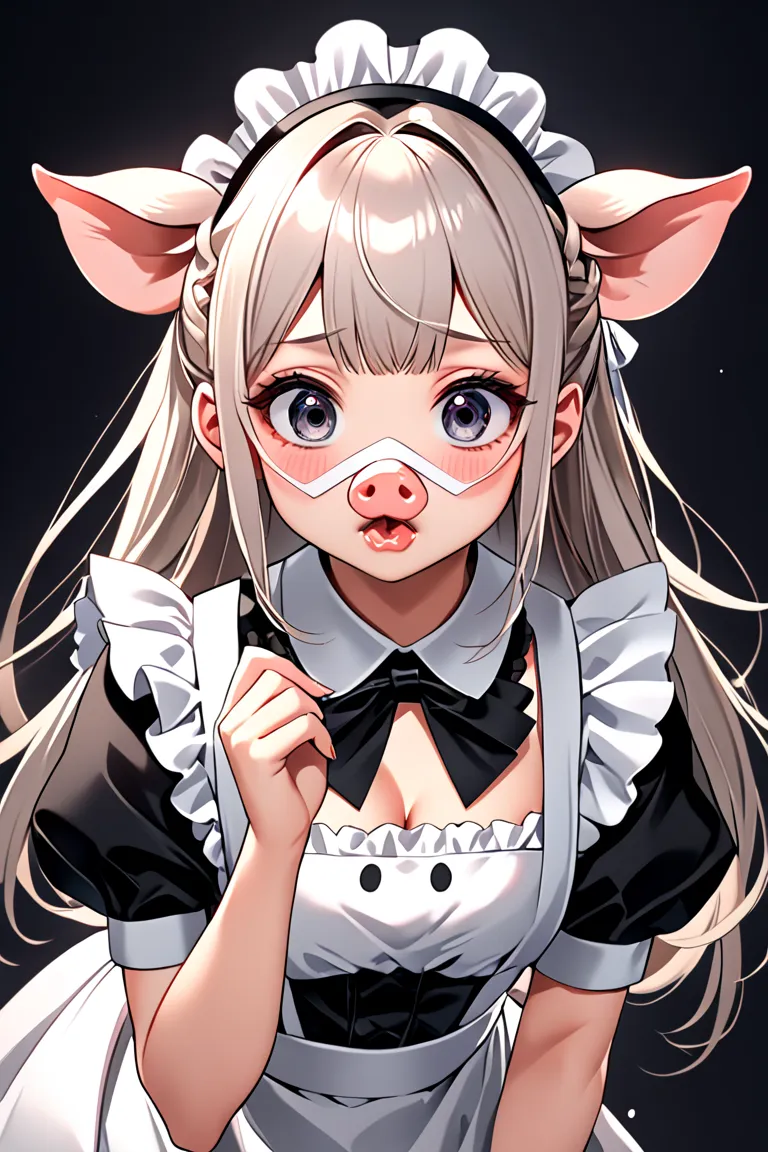 Maid outfit, no human ears, long elaborate hair, She is shocked and surprised that that smoke made her into a Pig nose, beautiful  girl with pig ears and pig nose in a maid outfit, artwork in the style of guweiz, guweiz, cute face. dark fantasy, girl with ...