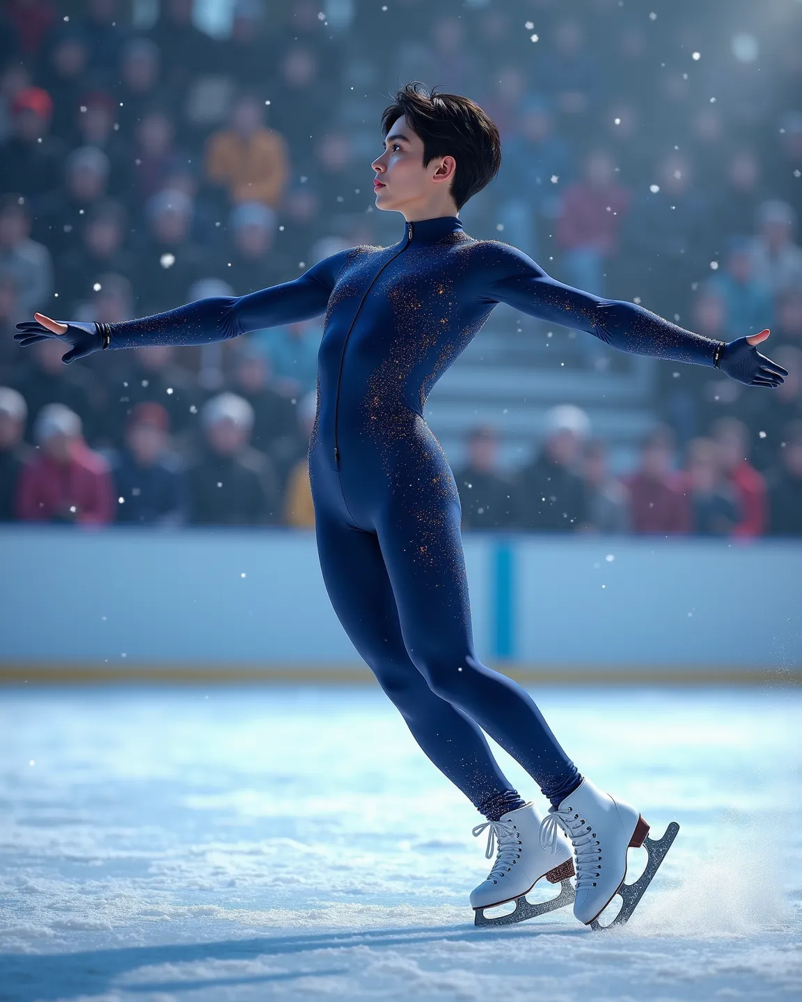 ( Man:1.1, athlete:1.1)(ice skating:1.1)( dynamic poses:1.1), tight fitting jumpsuit, blue eyes, has long eyelashes, beautiful detailed lips, dance maneuvers on the ice frame with a glowing ice rink, professional writing, high resolution, realistic, frozen...