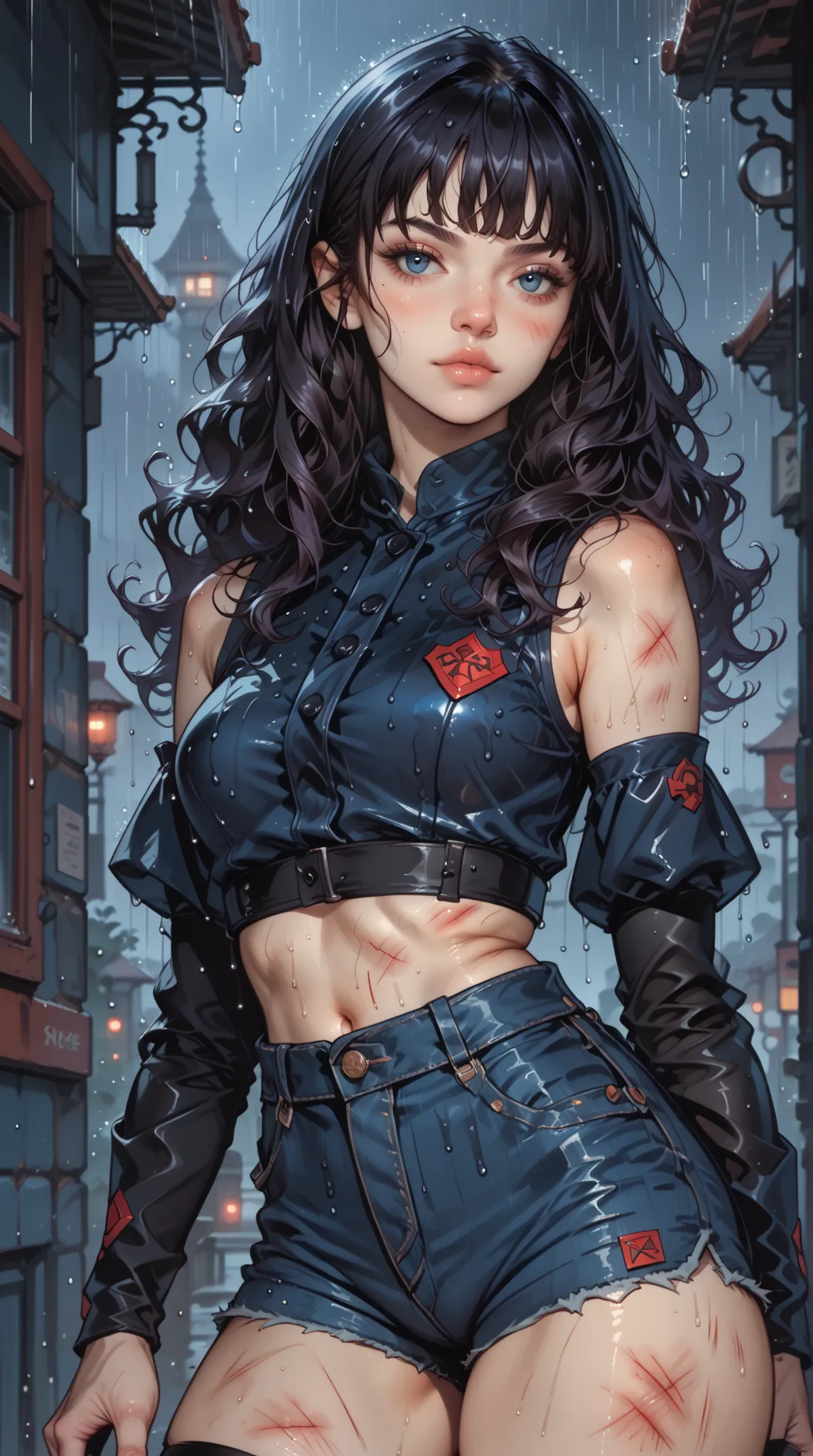 1woman, standing on fire escape, detailed background, long black, wavy black hair with unkept bangs, button nose, blue eyes, bruised body, heroin-chic aesthetic, wearing elbow warmers to conceal track marks, frayed jean shorts, cropped tank top, night time...