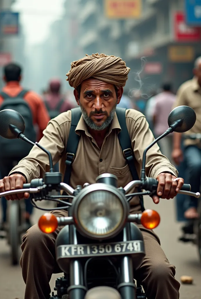 Hindu man wearing a very old and thin turban repairing a motorcycle in the middle of the street while smoking. 