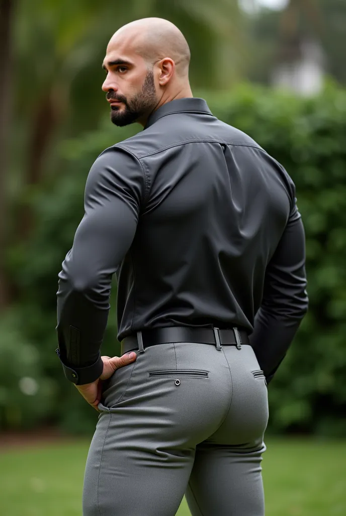  Realistic photograph , 35-year-old bald muscular (((athletic man))) , , view From below, nalgon in profile, stripe dark gray formal shirt and very tight light gray trousers, brown belt, in profile, Big butt, viendo a cámara,  black eyes, in the yard, sexy...