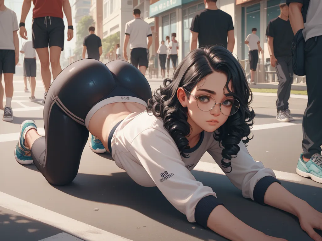 a girl in white bele ,  long curly black hair , with glasses,  lying on all fours on the sidewalk of a public square,  wearing very tight gym clothes , with a close up of her big butt ,  and in the background several men looking at the girl 