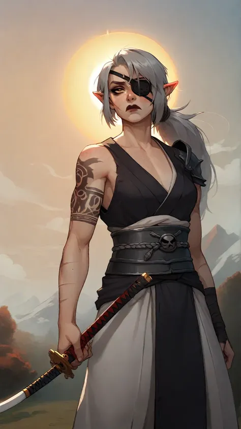 1girl, long hair, gray hair, ponytail, eye patch, kunoichi, samurai, beautiful, pointy ears, holding a katana, amber eyes, tired face, sun, D&D, warlock, freckles, dark red lips, scar on eye, black tint on eye, white katana, nodachi, gothic, witchcraft, fr...