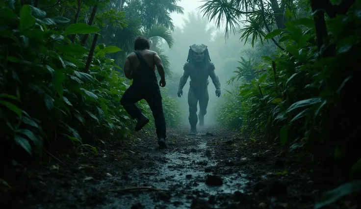 Predator's Arrival - Ominous First Glimpse

Prompt:
A storm rages over a dense jungle. The camera pans through trees swaying unnaturally, something massive moves within the shadows.

(Low-angle) Leaves rustling violently, branches snapping under unseen wei...