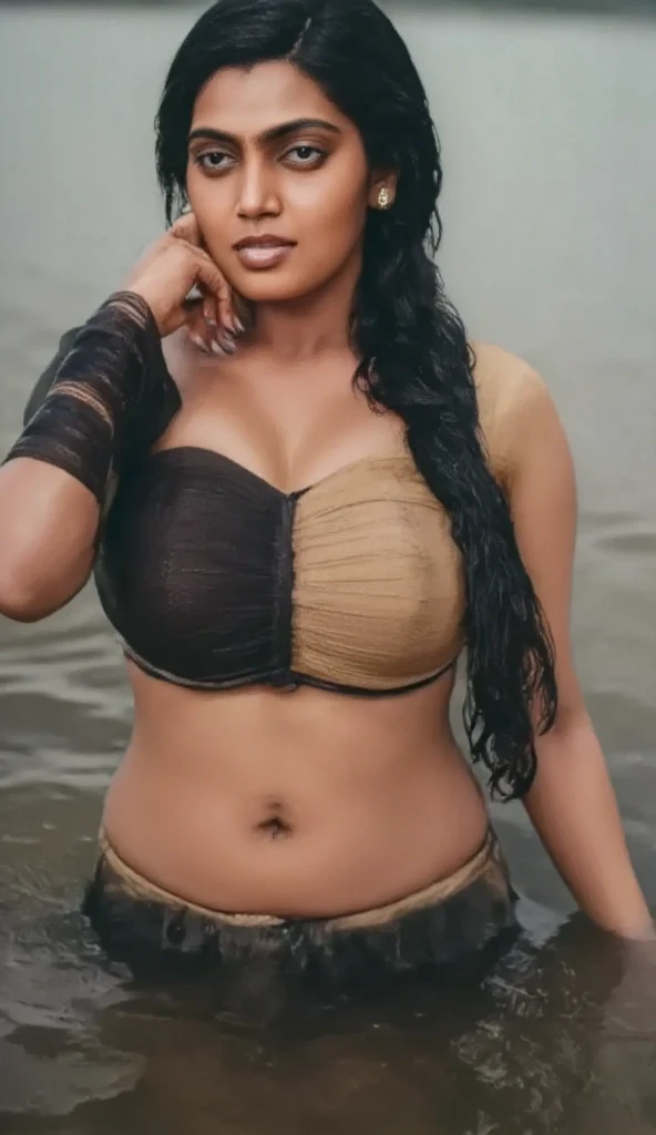 A beautiful indian woman, wearing black see through 1:80 saree , deep neck golden clour blouse, full body, wet in rever, long curly hairs upto her shoulder, rebrandt style lighting, dramatic light