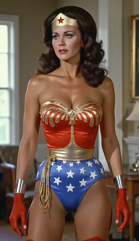  A SEXY LYNDA CARTER AS THE ICONIC 1960 WONDER WOMAN, WEARING A SPANDEX WONDER WOMAN COSTUME, RED LEATHER WONDER WOMAN BOOTS. HER GOLDEN LASSO ATTACHED TO THE SIDE OF HER HIP. CRYSTAL CLEAR ART, CELAN CRISP ART, 4K, 8K, MILLIONS OF TEXTURES 