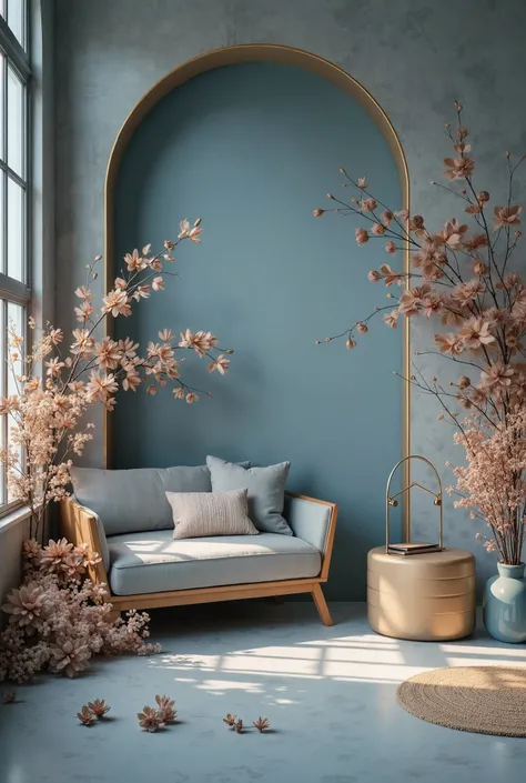 room in metalic and zinc blue with brown and cream shadowed flowers and pink pastel leafes with golden furniture