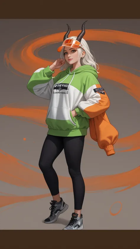 Girl with a white hair and black gazzil horny wearing a hoodie and a orange visor