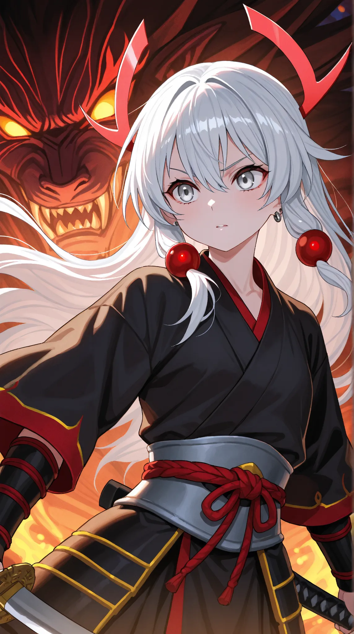  Woman 20 years old white hair and red locks with silver eyes she is a samurai in Demon Slayer , With a snake 