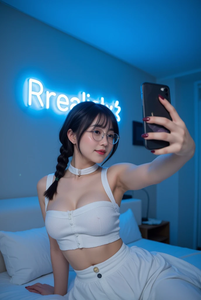 amateur shot,  read large neon blue light above her creative text "Rrealismax-s " . A POV shot ,  in which a woman takes an Instagram selfie  , on her bed , ohne Make-up,  light smile with mouth slightly open , she has neck long black hair with bangs and b...