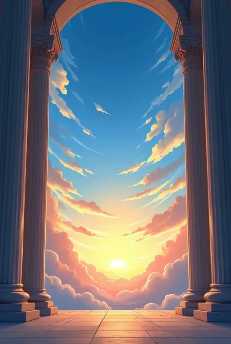 Sky in the background blue sunrise with white clouds and shades of yellow, in front temple with columns and a viewpoint to the sky, ancient and formal form 