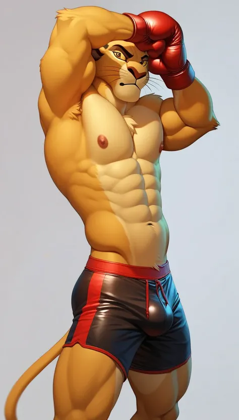 male, furry quadruped kion lion, muscular, shirtless, posing, boxing shorts, boxing gloves, six-pack abs, nipples