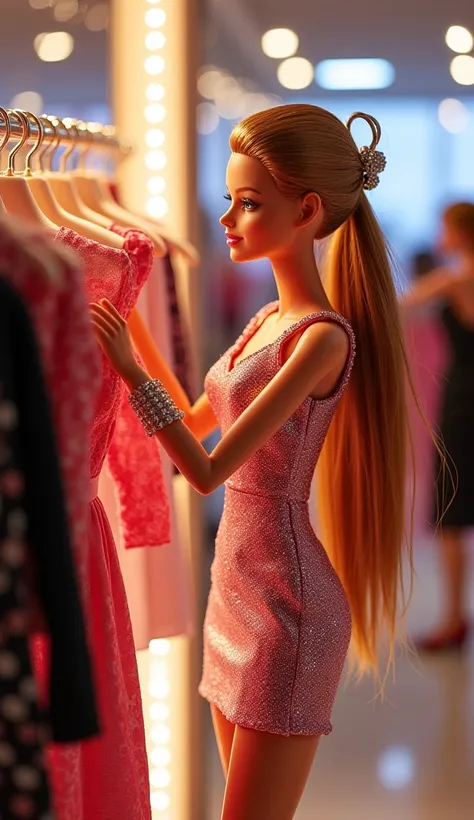 A glamorous Barbie doll approaches a stylish clothing rack in a boutique, her movements smooth and doll-like. She carefully inspects the outfits, her eyes scanning each one with interest. Her cute pet, a small, fashionable animal, wags its tail excitedly b...