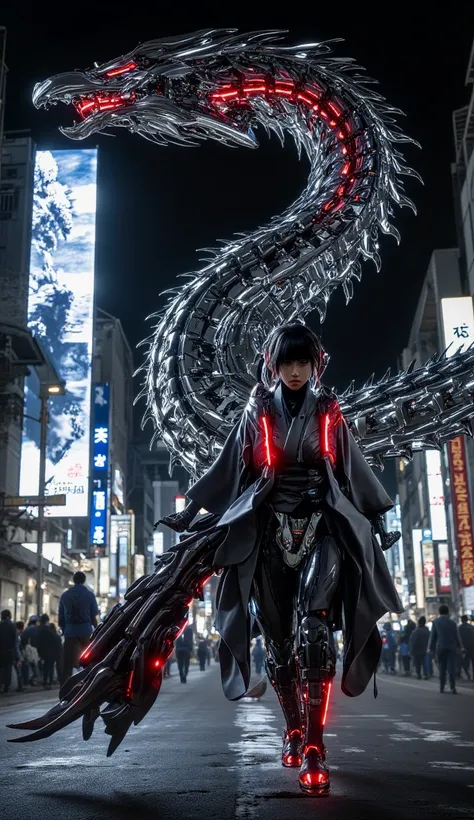 A magnificent parade on Tokyo's futuristic streets, a Japanese woman with a samurai aura cyberpunk walking gracefully. He wore a modern kimono with red neon lights and a futuristic samurai pattern, while the plasma katana sword hung on his waist. Next to h...