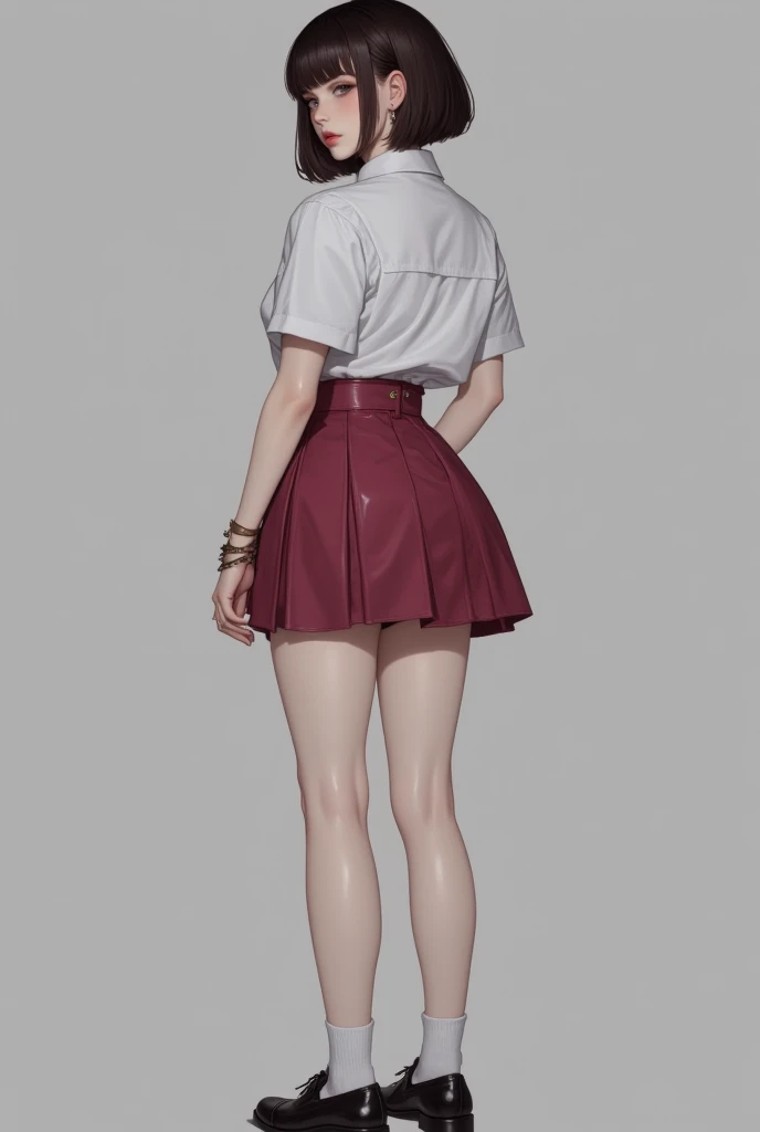  Women, angular face,  full lips, dark brown hair, short bob cut, parts, ,  white skin,  thin, big boobs,cherry colored schoolgirl short skirt , white socks,  Black school shoe,  White button blouse , short sleeve,  bracelets on your hands, wide image from...