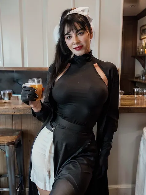 smiling and flirting with the camera Bettie Page drinking a glass of beer,light blue eyes, red lipstick, (( detailed soft 5 fingers black cloth gloves)) hair tied in a black ponytail, relaxed, 20-year-old brown coat,   perfect body, HIGH WHITE BOOTS , long...