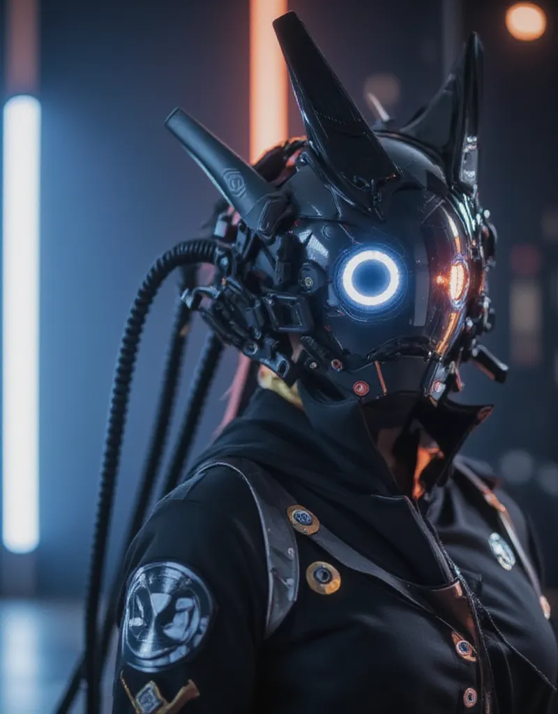 In the world of Warframe, a girl stands, her face obscured by a mysterious helmet adorned with a unicorn horn. Her eyes glow with an extreme detail that captures her expression vividly. The helmet and her attire are made of glossy metal, reflecting the dyn...