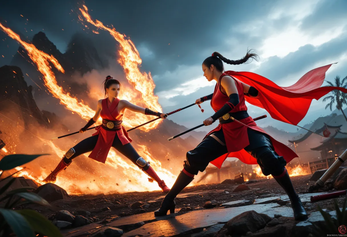 Two female warriors, a sleek ninja and a towering samurai, engage in a fierce, dynamic struggle amidst a chaotic, fiery red environment. The ninja, agile and crouched, prepares to strike with her whip, her dark, form-fitting armor contrasting against the g...