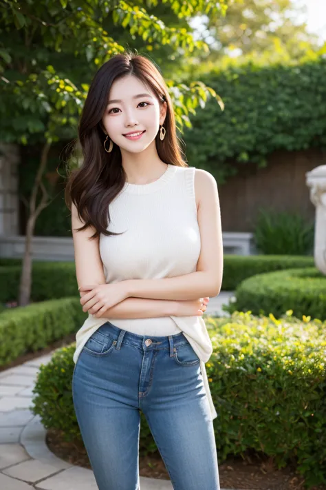  masterpiece, 8k, Photorealistic,26-year-old woman,  Japanese woman with a round face  ,  glowing skin like porcelain  ,  porcelain shiny skin , Long Hair,brown hair,smile,earrings, face the front,dark blue skinny jeans,sleeveless knit, putting her hands i...