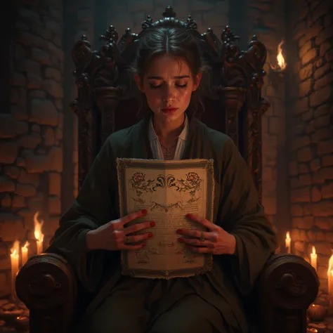 (photorealism:1.2), Beautiful 21 year old English female bishop, crying, sitting in heavy wooden chair in a torch lit dungeon. She is tightly squeezing her large fancy modern glossy ordination certificate with red and gold details against her body, crumpli...