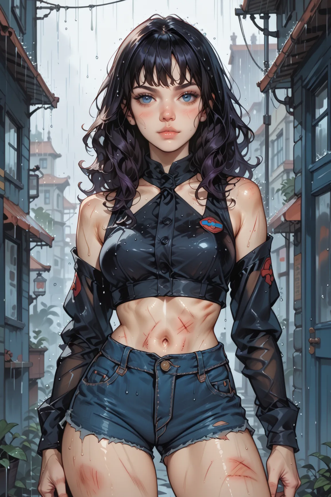 1 woman standing on fire escape, long black, wavy black hair with unkept bangs, button nose, blue eyes, bruised body, heroin-chic aesthetic, wearing elbow warmers to conceal track marks, frayed jean shorts, cropped tank top, night time, rainy, 